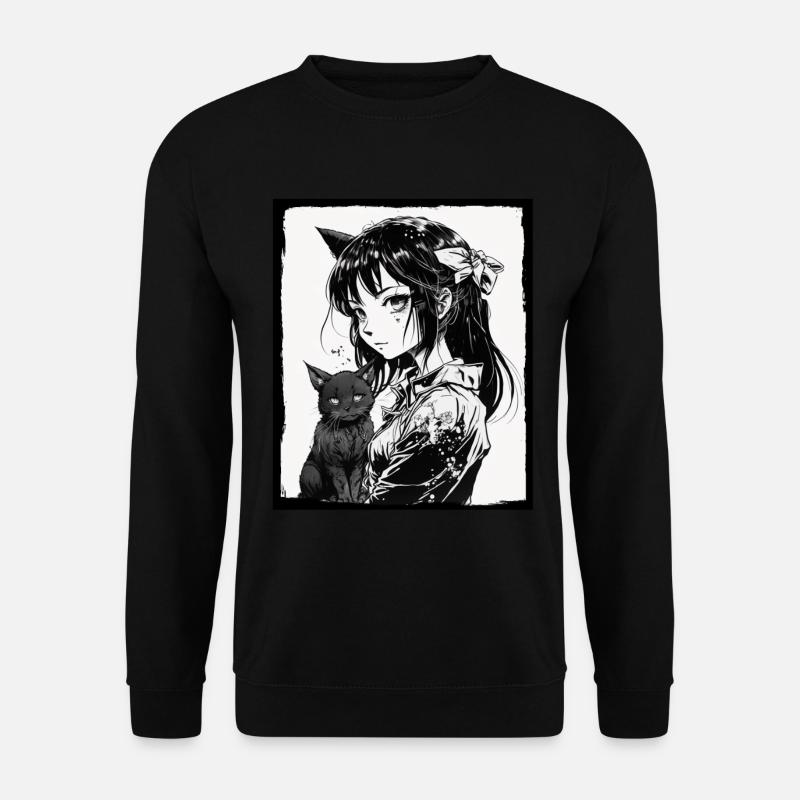 Anime Girl Katze Kätzchen Manga Ink Blume Neon - Unisex Pullover - Schwarz