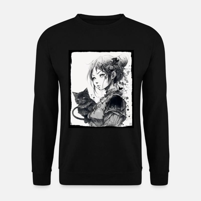 Anime Girl Katze Kätzchen Manga Ink Blume Neon - Unisex Pullover - Schwarz
