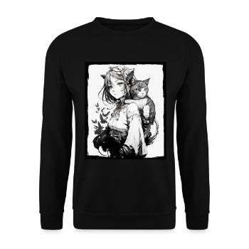 Anime Girl Katze Kätzchen Manga Ink Blume Neon - Unisex Pullover - Schwarz - Vorne - Alina (178cm) & Michal (187cm)