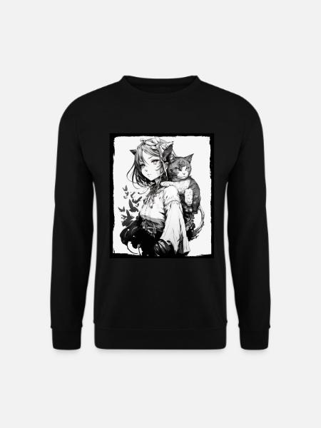 Anime Girl Katze Kätzchen Manga Ink Blume Neon - Unisex Pullover - Schwarz