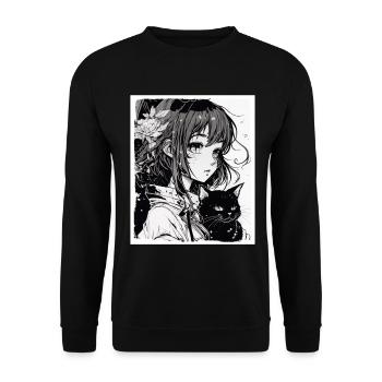Anime Girl Katze Kätzchen Manga Ink Blume Neon - Unisex Pullover - Schwarz - Vorne - Alina (178cm) & Michal (187cm)
