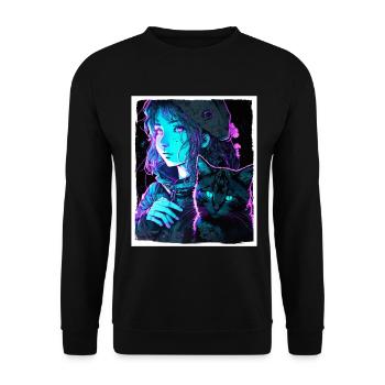 Anime Girl Katze Kätzchen Manga Ink Blume Neon - Unisex Pullover - Schwarz - Vorne - Alina (178cm) & Michal (187cm)