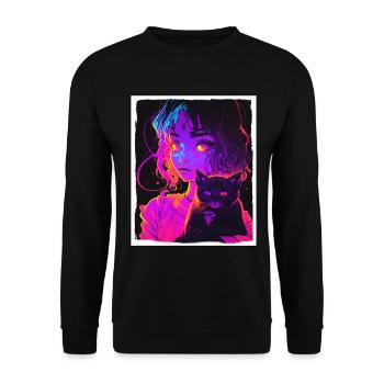 Anime Girl Katze Kätzchen Manga Ink Blume Neon - Unisex Pullover - Schwarz - Vorne - Alina (178cm) & Michal (187cm)