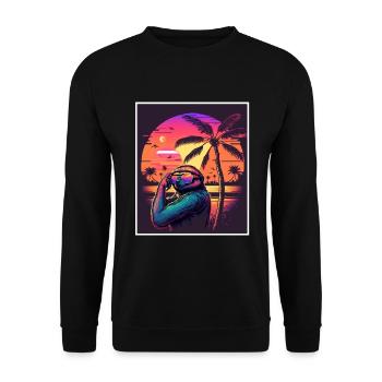 Vaporwave Retro Faultier Tiermotiv Strand Neon - Unisex Pullover - Schwarz - Vorne - Alina (178cm) & Michal (187cm)