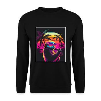 Vaporwave Retro Faultier Tiermotiv Strand Neon - Unisex Pullover - Schwarz - Vorne - Alina (178cm) & Michal (187cm)