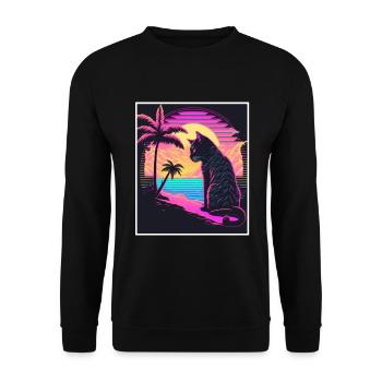 Vaporwave Retro Cat Cat Animal Motif Plage Neon - Sweat-shirt Unisexe - noir - Devant - Alina (178cm) & Michal (187cm)