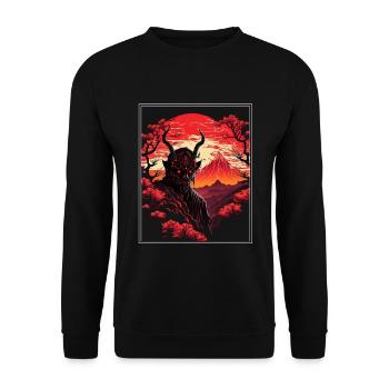 Japan Japanese Demon Cherry Blossom Mountains Retro - Unisex Sweatshirt - black - Front - Alina (178cm) & Michal (187cm)
