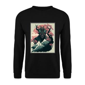 Japan Japanese Demon Cherry Blossom Mountains Retro - Unisex Sweatshirt - black - Front - Alina (178cm) & Michal (187cm)