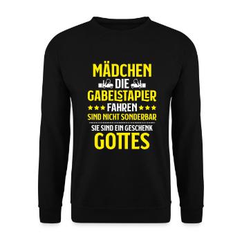 Staplerfahrer Gabelstaplerfahrer Forklift Operator - Unisex Pullover - Schwarz - Vorne - Alina (178cm) & Michal (187cm)