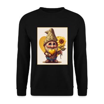 Gnom Garten Zwerg Sonnenblume Herz Liebe Paar - Unisex Pullover - Schwarz - Vorne - Alina (178cm) & Michal (187cm)
