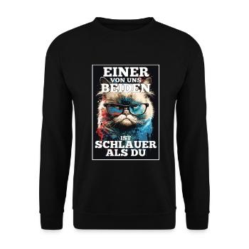 Eines von uns beiden ist schlauer Katze Brille - Unisex Pullover - Schwarz - Vorne - Alina (178cm) & Michal (187cm)