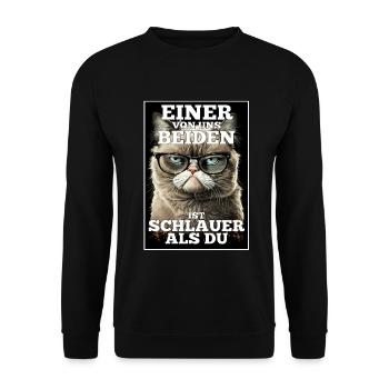 Eines von uns beiden ist schlauer Katze Brille - Unisex Pullover - Schwarz - Vorne - Alina (178cm) & Michal (187cm)