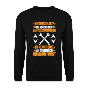 Aufzugsmonteur Aufzugsmechaniker Elevator Mechanic - Unisex Pullover - Schwarz - Vorne - Alina (178cm) & Michal (187cm)
