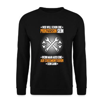 Aufzugsmonteur Aufzugsmechaniker Elevator Mechanic - Unisex Pullover - Schwarz - Vorne - Alina (178cm) & Michal (187cm)
