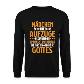 Aufzugsmonteur Aufzugsmechaniker Elevator Mechanic - Unisex Pullover - Schwarz - Vorne - Alina (178cm) & Michal (187cm)