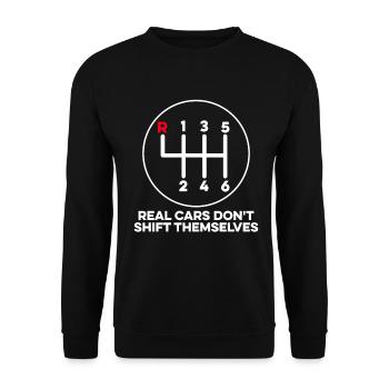 Echte Autos schalten sich nicht von selbst Lustiges Auto - Unisex Pullover - Schwarz - Vorne - Alina (178cm) & Michal (187cm)