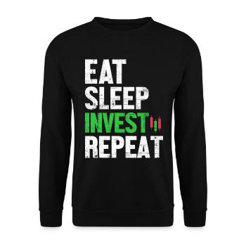 Essen Schlaf Investieren Wiederholter Handel Kryptowährung - Unisex Pullover - Schwarz - Vorne - Alina (178cm) & Michal (187cm)