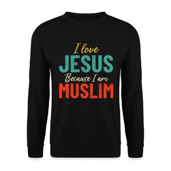 Ich liebe Jesus, weil ich Muslim bin Retro Muslim - Unisex Pullover - Schwarz - Vorne - Alina (178cm) & Michal (187cm)