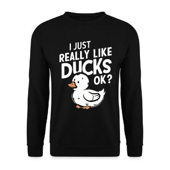 Ich mag Enten einfach sehr gerne Ok lustige Entengänse - Unisex Pullover - Schwarz - Vorne - Alina (178cm) & Michal (187cm)