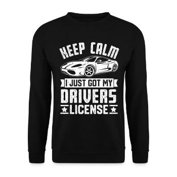 Bleib ruhig, ich habe gerade meinen Führerschein lustig gemacht - Unisex Pullover - Schwarz - Vorne - Alina (178cm) & Michal (187cm)