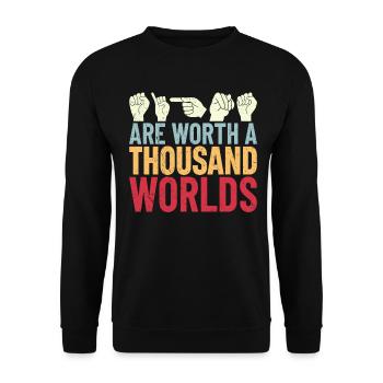 Lustig Gehörlose ASL Gebärdensprache Schwerhörige ASL - Unisex Pullover - Schwarz - Vorne - Alina (178cm) & Michal (187cm)