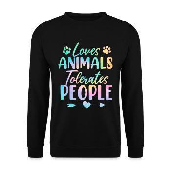 Liebt Tiere Toleriert Menschen Batik Tier - Unisex Pullover - Schwarz - Vorne - Alina (178cm) & Michal (187cm)