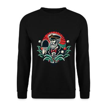 Retro Tischtennis Tattoo Stil Kapitän Design - Unisex Pullover - Schwarz - Vorne - Alina (178cm) & Michal (187cm)