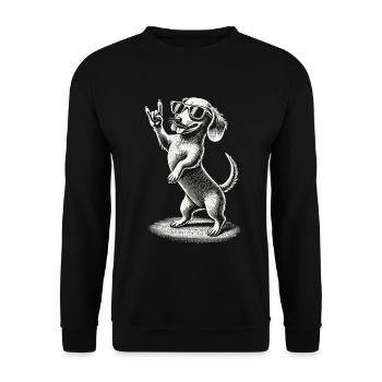 Lustige Heavy Metal Hund Festival Retro Dackel - Unisex Pullover - Schwarz - Vorne - Alina (178cm) & Michal (187cm)