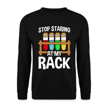 Hör auf, auf mein Gestell zu starren Lustige Chemiewissenschaft - Unisex Pullover - Schwarz - Vorne - Alina (178cm) & Michal (187cm)