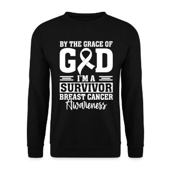 Durch die Gnade Gottes bin ich ein Überlebender Pink Ribbon - Unisex Pullover - Schwarz - Vorne - Alina (178cm) & Michal (187cm)