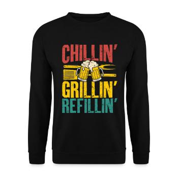 Grillin Chillin Refillin Retro Bier und BBQ - Unisex Pullover - Schwarz - Vorne - Alina (178cm) & Michal (187cm)