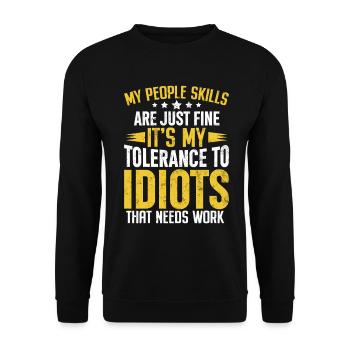 Meine sozialen Fähigkeiten sind in Ordnung lustig Idioten frech - Unisex Pullover - Schwarz - Vorne - Alina (178cm) & Michal (187cm)