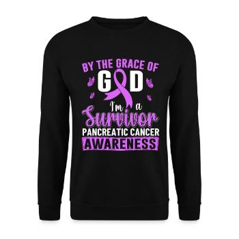 Durch die Gnade Gottes bin ich ein Überlebender Lila - Unisex Pullover - Schwarz - Vorne - Alina (178cm) & Michal (187cm)