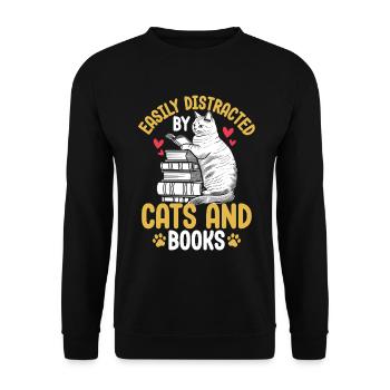 Leicht abgelenkt von Katzen und Büchern Lustige Katzen - Unisex Pullover - Schwarz - Vorne - Alina (178cm) & Michal (187cm)