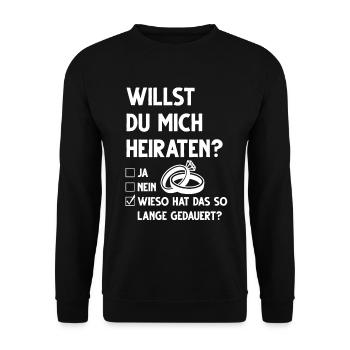 Heiratsantrag Marry Me Hochzeitsantrag - Unisex Pullover - Schwarz - Vorne - Alina (178cm) & Michal (187cm)