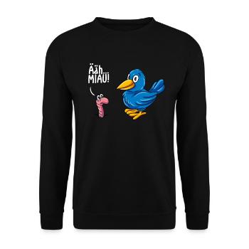 Katze Vogel Wurm Schwarzer Humor - Unisex Pullover - Schwarz - Vorne - Alina (178cm) & Michal (187cm)