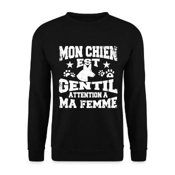 Mon chien est gentil. Attention à ma femme. - Sweat-shirt Unisexe - noir - Devant - Alina (178cm) & Michal (187cm)