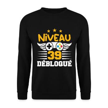 Niveau 39 Débloqué, cadeau de joueur - Sweat-shirt Unisexe - noir - Devant - Alina (178cm) & Michal (187cm)