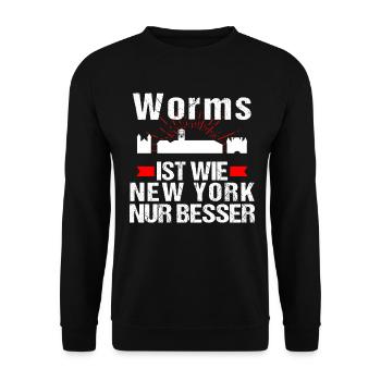 Worms Ist Wie New York Nur Besser - Unisex Pullover - Schwarz - Vorne - Alina (178cm) & Michal (187cm)