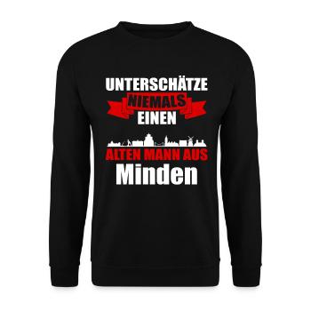Unterschätze Niemals Einen Alten Mann Aus Minden - Unisex Pullover - Schwarz - Vorne - Alina (178cm) & Michal (187cm)