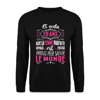 28 ans, Femme parfaite, cadeau anniversaire 28ans - Sweat-shirt Unisexe - noir - Devant - Alina (178cm) & Michal (187cm)