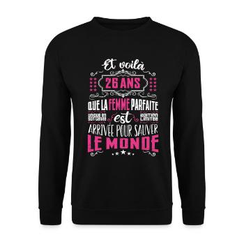 26 ans, Femme parfaite, cadeau anniversaire 22ans - Sweat-shirt Unisexe - noir - Devant - Alina (178cm) & Michal (187cm)