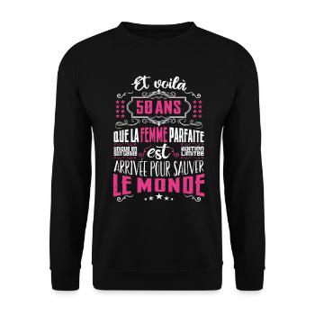 50 ans, Femme parfaite, cadeau anniversaire 50ans - Sweat-shirt Unisexe - noir - Devant - Alina (178cm) & Michal (187cm)