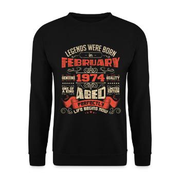 Legends wurden im Februar 1974 geboren | Geschenk - Unisex Pullover - Schwarz - Vorne - Alina (178cm) & Michal (187cm)