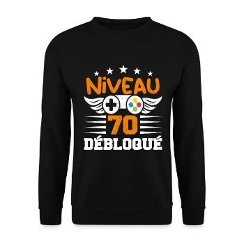 Niveau 70 débloqué - idée cadeau anniversaire - Sweat-shirt Unisexe - noir - Devant - Alina (178cm) & Michal (187cm)