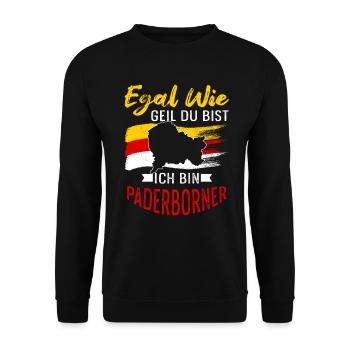 Egal Wie Geil Du Bist Ich Bin Padernborner - Unisex Pullover - Schwarz - Vorne - Alina (178cm) & Michal (187cm)