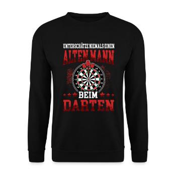 Alter Mann beim Darten Darts Dart Dartspieler 180 - Unisex Pullover - Schwarz - Vorne - Alina (178cm) & Michal (187cm)