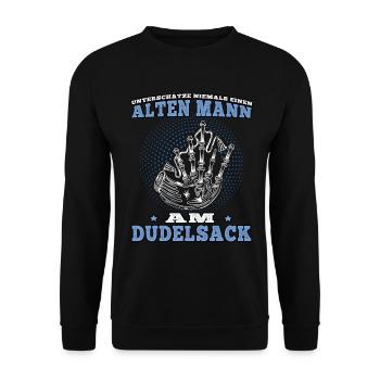 Alter Mann am Dudelsack schottische Sackpfeife - Unisex Pullover - Schwarz - Vorne - Alina (178cm) & Michal (187cm)