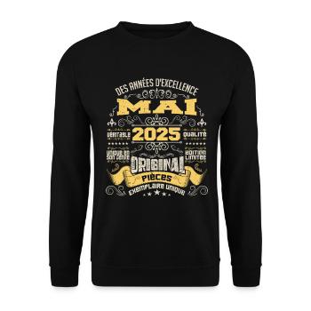 Anniversaire Vintage Né(e) en Mai 2025 - Sweat-shirt Unisexe - noir - Devant - Alina (178cm) & Michal (187cm)