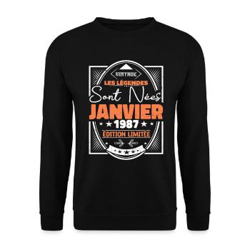 Janvier 1987 | Vintage Anniversaire 1987 Rétro - Sweat-shirt Unisexe - noir - Devant - Alina (178cm) & Michal (187cm)